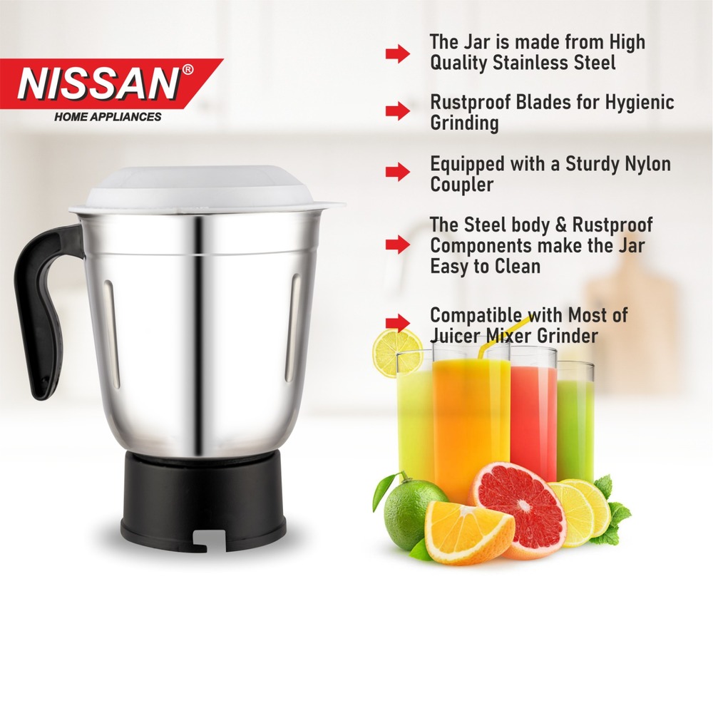 NISSAN HOME APPLIANCES 1200ML Stainless Steel Juicer Mixer Grinder Jar with Handle & Lid | Heavy Duty Replacement Mixie Jar for Juicing, Blending & Grinding | Compatible with Most Mixer Grinders